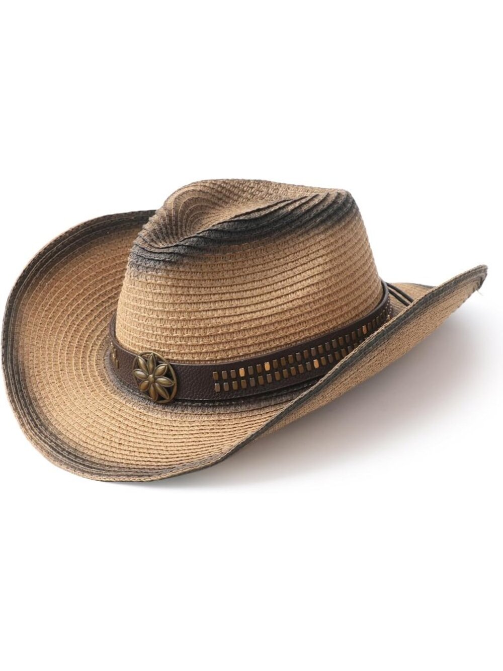 Unisex Black Khaki Straw Woven Shapeable Brim Beach Western Cowboy Cowgirl Hat